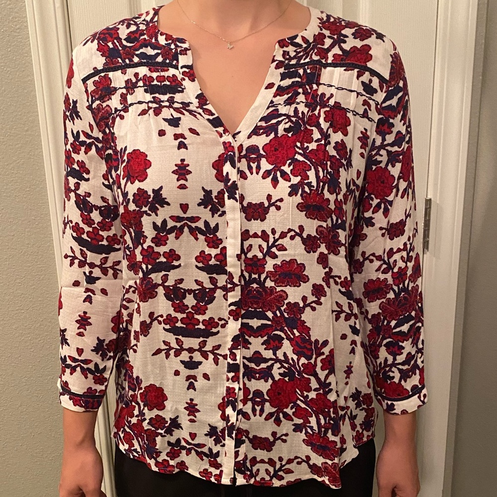 Lucky Brand White button blouse with Pink and Purple Flower Pattern